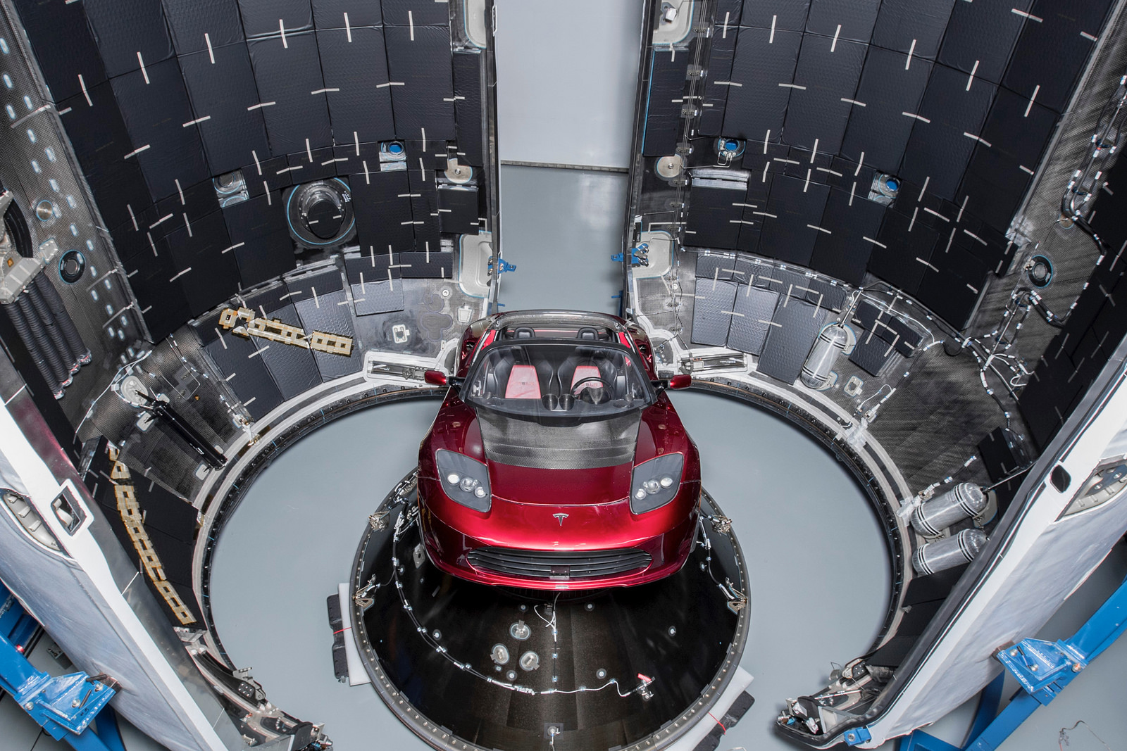 Tesla Roadster pictured in the Falcon Heavy rocket payload bay during launch preparations
